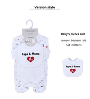 Ensemble de 5 pièces personnalisé pour nouveau-né (Maman & Papa) : Barboteuse, Bavoir, Moufles et Bonnet à manches longues – Vêtements unisexes respirants 100 % coton