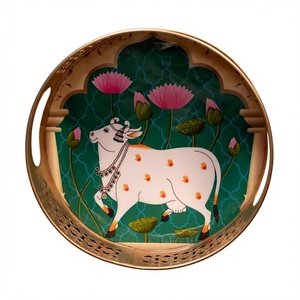 Traditional Handpainted Round <b>Metal</b> <b>Tray</b> With Cow And Lotus Design Oriental Decorative Plate Handmade Art For Home Use - Product Image 1
