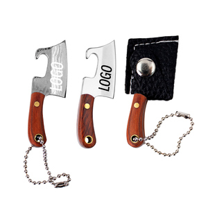 Mini cuchillo navaja de acero inoxidable con abridor de botellas, mango de madera y funda de cuero, ideal para llevar a diario (EDC) - Product Image 1