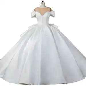 2024 new ivory white European style lace-up elegant pearl short sleeve crew neck trailing satin wedding dress