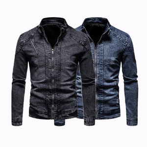 <b>Men's</b> <b>Denim</b> <b>Jacket</b> Stand Collar Zipper Closure Slim Fit Casual Autumn Wear Solid Color Woven Cotton Lining Regular Length - Product Image 1