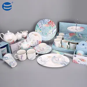 Hot product ocean animal 18pcs round porcelain dinnerware set with color box packing