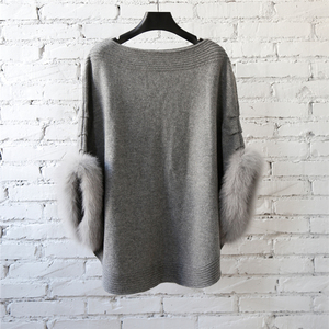 Cape en <span class=keywords><strong>laine</strong></span> mélangée élégante et chaude pour femmes, poncho en <span class=keywords><strong>laine</strong></span> tricoté surdimensionné pour femmes avec bordure en fourrure <span class=keywords><strong>de</strong></span> renard - Product Image 6