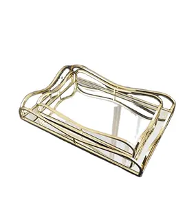 Altın ayna vanity servis tepsisi, Metal aynalı süslü dekoratif makyaj masası aynası tepsi