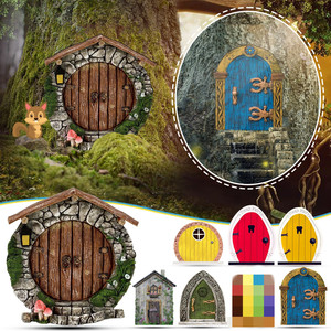 Plaque murale en bois 2D avec motif de porte de sapin féerique, pierre plate, mousse et écureuil, mini-cabane d'elfe, pour décoration de jardin et d'intérieur - Product Image 1