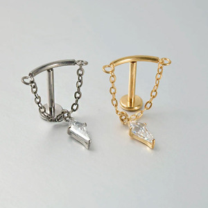 <b>Titanium</b> Plated Geometric Stud Earrings With <b>Chain</b> And Zircon G23 For Ear Piercing - Product Image 4