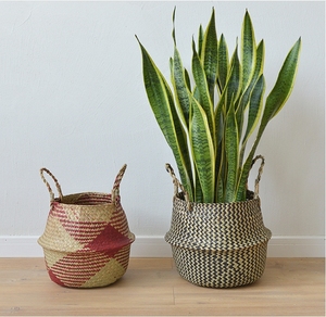 Custom Natural Straw Storage Basket With Two Handles Flower Pot With Plastic Case Bottom Color Hand Woven Basket