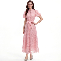 Elegante Vestido Midi de Verano para Mujer con Cuello Mao, Manga Corta Abullonada, Cinturón en la Cintura y Botones de Encaje, Lavable