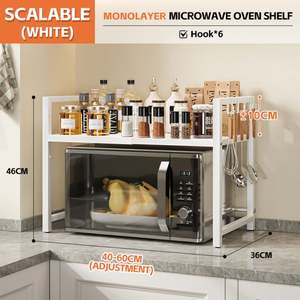 Étagère de rangement métallique rétractable à un seul niveau pour micro-ondes de comptoir avec crochets, support pour couteaux et baguettes - Product Image 5