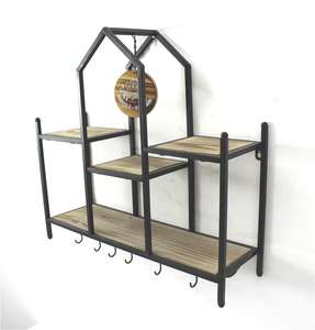 2 Tier forma di casa In Legno Massello Rustico in metallo per Montaggio A Parete Mensola con gancio della decorazione della casa per la Camera Da Letto, soggiorno, Bagno, <span class=keywords><strong>Cucina</strong></span> - Product Image 2