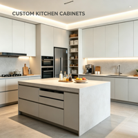 Meuble de cuisine moderne éco-responsable, finition blanc mat, porte à panneau plat, charnière à fermeture amortie et tiroir à extension totale pour la maison