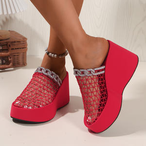 2025 yeni yaz moda Mesh Rhinestone Hollow nefes avrupa-amerikan büyük boy kalın alt kama sandalet - Product Image 4