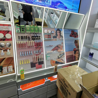 Présentoir mural de luxe moderne en métal lourd avec éclairage LED et panneaux acryliques écologiques pour magasins de cosmétiques