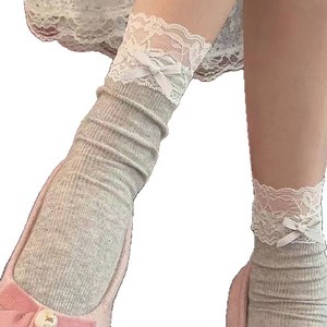Chaussettes en dentelle pour femmes, mi-mollet, avec nœud, respirantes, en maille de polyester, pour le printemps et l'été, style tendance - Product Image 3