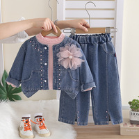Nouvel ensemble 3 pièces automne 2026 pour filles : T-shirt à manches longues, manteau en jean et pantalon – Tenue tendance pour enfants de 1 à 5 ans