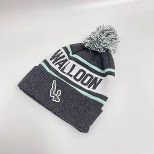 Grosir Beanie kustom/100% akrilik Anda sendiri Logo bordir mode topi Beanie rajut topi musim dingin kustom dengan Pom Pom