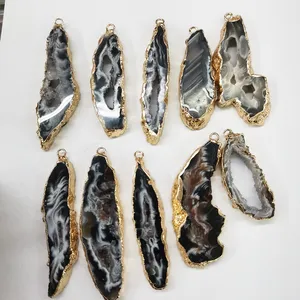 Schwarz gestreift Achat-Scheibe Geode drußiger Anhänger vergoldetes Taschenblatt freie Form Kristall-Geode-Anschluss für Halsketten Schmuckherstellung