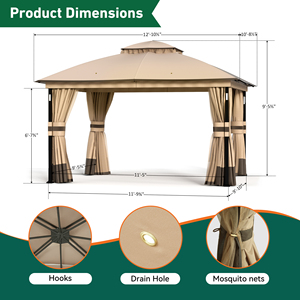Gazebo de jardin extérieur 11x13 pieds, toit ventilé à double niveau avec moustiquaire et rideaux d'intimité, pavillon de jardin en acier - Product Image 2