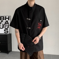 Chemise décontractée pour homme à col montant et manches courtes, broderie bambou, boucle métallique, coupe ample, style streetwear, pour le quotidien