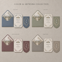 Suite d'invitations de mariage Manoir Européen, Kit de papeterie festonné personnalisé, Doublure d'enveloppe, Monogramme, Notre histoire, Étiquette cadeau, Cartes de mariage