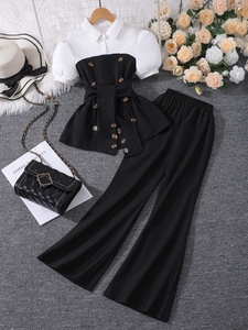 Nuovo stile per ragazze adolescenti, camicia a maniche corte con patchwork + pantaloni casual a tinta unita, completo da 2 pezzi. - Product Image 3
