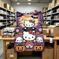 Couverture en peluche personnalisée Sanrio Anime avec motifs imprimés Halloween Kuromi Hello Kitty Squelette d'horreur en coton/laine/flanelle