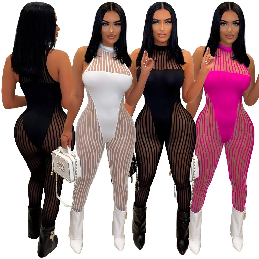 New Arrival Solid Color Mesh Stitching Sexy Perspective Slim Bodysuit For Summer European Women's Clothing