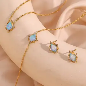 Trendy gold blue bracelet and earring set stainless steel gold-plated droplet shaped gemstone pendant necklace for women
