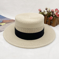 Chapeau de paille Panama pour femme, d'été, de plage, anti-UV, rayé, réglable, imprimé sérigraphié, à calotte plate ajourée, tressé, pour fête et extérieur