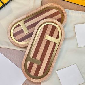 Oval Wooden Tray With Striped Wood and Metal Logo Decorative Storage Tray <b>Gifts</b> <b>Set</b> for Jewelry Cosmetics and Tabletop - Product Image 3