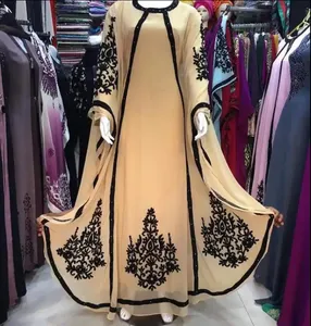 新款伊斯兰女性卡夫坦伊斯兰马克西迪拜连衣裙长袖阿拉伯吉尔巴布阿巴亚纯色串珠长穆斯林连衣裙