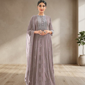 Elegant Grey Embroidered Anarkali Suit Long Sleeve Floor-Length Chiffon Dress Boat Neck A-Line Classic Style - Product Image 1
