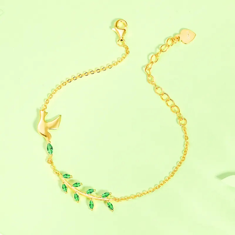 Jewelry 925 Sterling Silver Gold Plated Women Adjustable Designer Charm Peace Dove Green Leaf Bracelets   Bangles