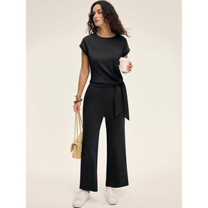 Women 2 Piece Outfits Cap Sleeve <b>Tie</b> Waist Top Wide Leg Pants <b>Set</b> Breathable Knitted Daily Wear Travel Airport Vacation <b>Sets</b> - Product Image 4
