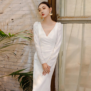 2025 nouvelle mariée lumière mariage Satin Simple tempérament célébrité Banquet <span class=keywords><strong>Mori</strong></span> département robe de soirée - Product Image 2