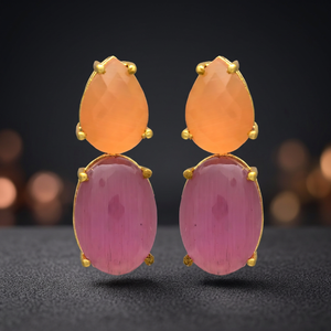 Nouvelles boucles d'oreilles en onyx rose et pêche Monalisa, plaquées or, en laiton, style bohème, unisexes, pour les fêtes - Product Image 3
