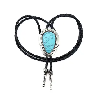 Hot Sale High Quality Classical Men Custom PU Leather Gemstone Synthetic Turquoise Stone Bezel Setting Bolo Tie Manufacturer