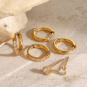 Boucles d'oreilles créoles en acier inoxydable plaqué or avec zircon, clous d'oreilles pour femme, ensemble de bijoux fantaisie, cadeau - Product Image 2