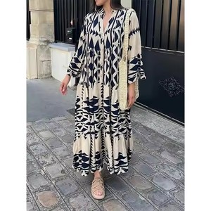 Robes Longues Dames 2025 Décontractées Streetwear Vintage Géométriques Col en V Style Bohème Plage Amples Élégantes Maxi Robes d'Été - Product Image 1