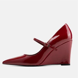 Sandalias de tacón alto con punta en pico y correa central con hebillas para mujer, zapatos de vestir de verano con tacón cubierto y charol, estilo sexy - Product Image 1