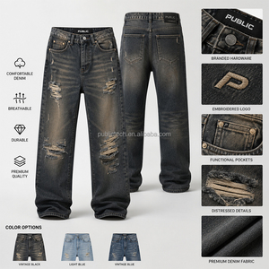 Pantalon en jean vintage délavé et vieilli sur mesure OEM pour homme, avec logo brodé rétro, style streetwear, effet soleil, coupe droite et ample - Product Image 1