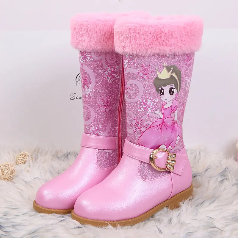 winter children's kids snow boots Plush high heels girls' Princess toddler girls fur leather boots
