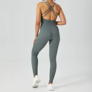 Kustom Crossback panas desain baru mulus Gym Jumpsuit playsuit bodysuit Ribbed satu bagian Yoga Workout Jumpsuit untuk wanita
