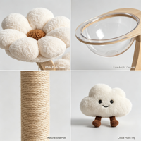 CottonPod 96cm Arbre à chat moderne grand luxe avec perchoirs en peluche blanche, bol en acrylique transparent, double plateforme, poteaux en sisal et jouet nuage