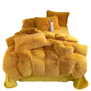 Ropa de cama suave de felpa esponjosa de terciopelo de piel sintética de color amarillo oscuro y arcoíris, juego de sábanas cálido para niña, 4 piezas