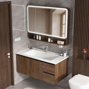 <b>Walnut</b> color drawer honeycomb bathroom <b>cabinet</b> basin combination ceramic integrated wash basin - Product Image 4