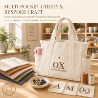 Sac fourre-tout en toile multi-poches avec logo personnalisé, bouton pression en laiton, poches extérieures pour bouteilles, monogramme brodé, sac à main pour les trajets quotidiens