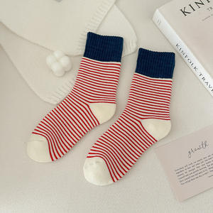 Kaus kaki tebal model Korea, kaus kaki handuk tabung panjang garis-garis warna sambungan, kaus kaki melingkar tebal musim dingin - Product Image 4