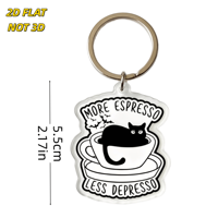 Porte-clés Chat Noir Espresso, Less Depresso, Chat dans Tasse de Café avec Citation Humoristique, Breloque en Acrylique, Accessoire Caffeine Réconfortant