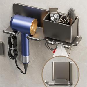 Support mural pour sèche-cheveux, support de rangement rectangulaire sans perforation avec organisateur pour salle de bain et toilettes, gris poudre - Product Image 2